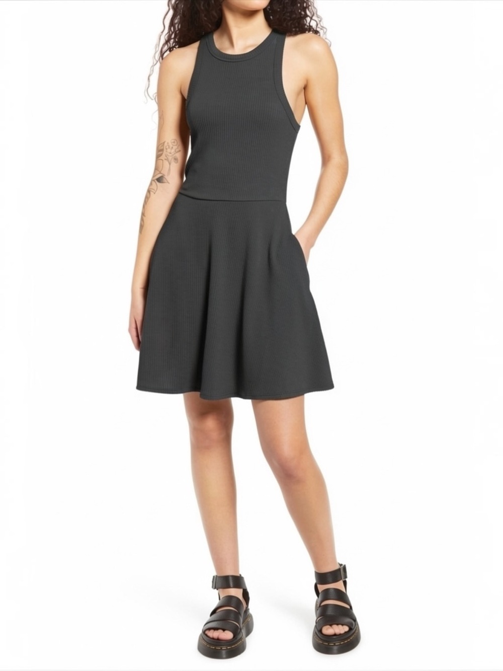 BP Nordstrom Sleeveless Ribbed Fit Flare Mini Dress Size S Black